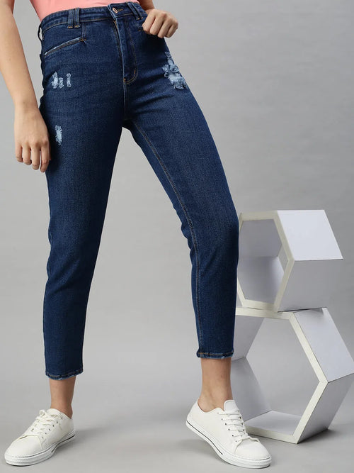 Women's Denim Navy Blue Mom Fit Jeans-GZ5027-Navyblue