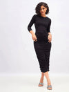 Women Black Ruched Bodycon Midi Dress