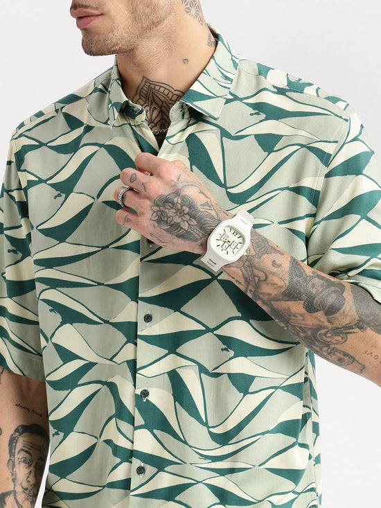 Men Spread Collar Abstract Green Casual Shirt-POLFAH-2104-Green