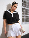 Women Black Poplin Sailor Collar Crop Top