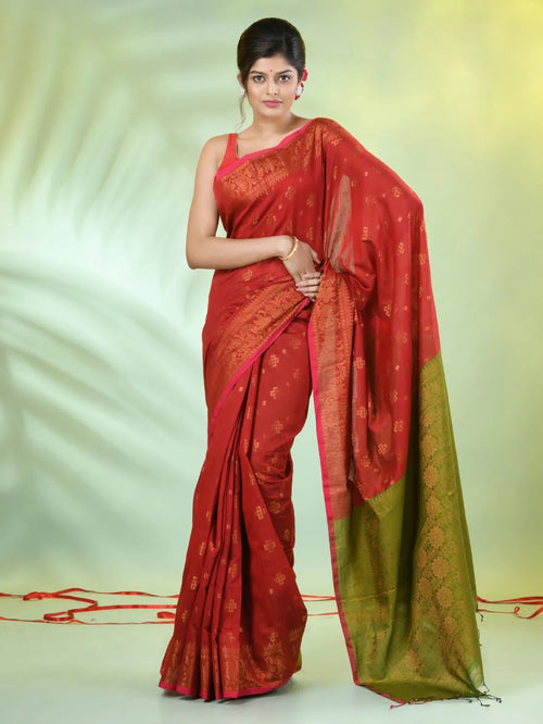 Red Cotton Saree With Zari Borders-MA66BCT43830041