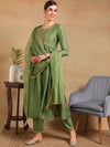 Ahika Women Green Silk Blend Yoke Design Straight Kurta Pant Set With Dupatta