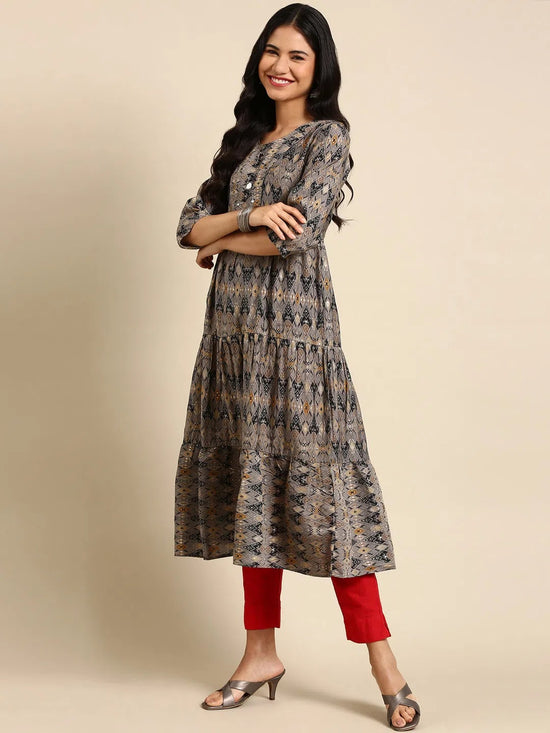 Women's Grey Printed Anarkali Kurta-DF-1364-Greyblack