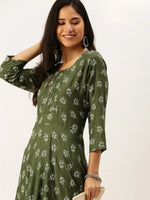 Women's Green Printed A-Line Kurtas-HO-421-Green