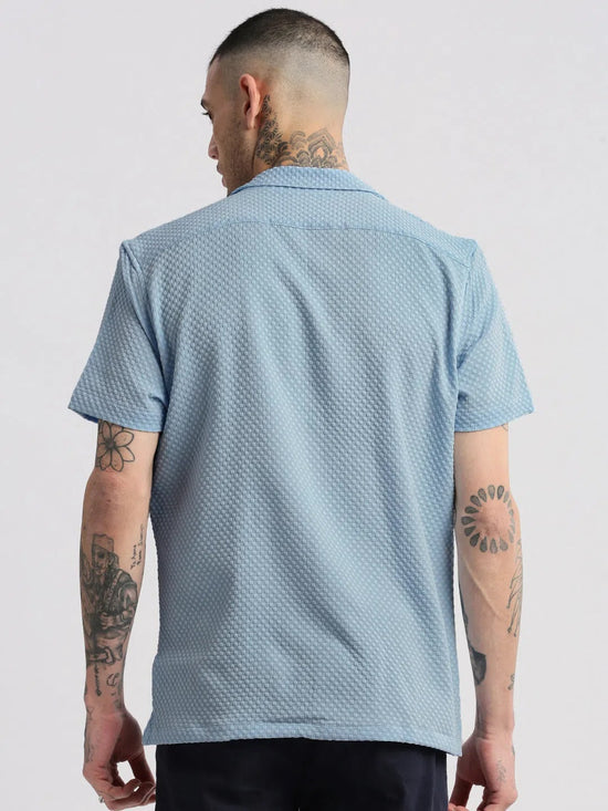 Men Cuban Collar Solid Blue Casual Shirt-FELCO-2202-Blue