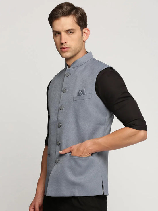 Men Grey Mandarin Collar Solid Nehru Jacket-AK-12527-26-Grey