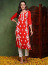 Ahika Women Red Viscose Rayon Solid Embroidered Chikankari Straight Kurta