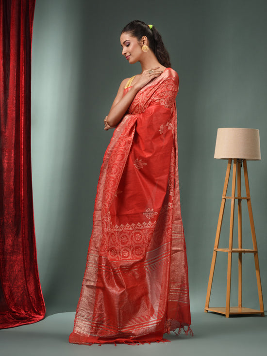 Red Blended Silk Handwoven Saree With Zari Border-MA50BSL34830113