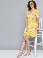 Yellow Ditsy Floral Wrap Skater Dress