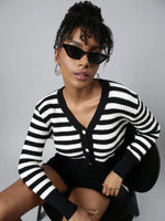 Women Striped Black Crop Cardigan-CHN-9988-Black