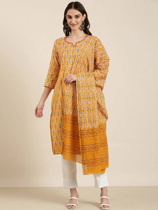 Women Mustard Floral Kurta Set-RJF-031-Mustard