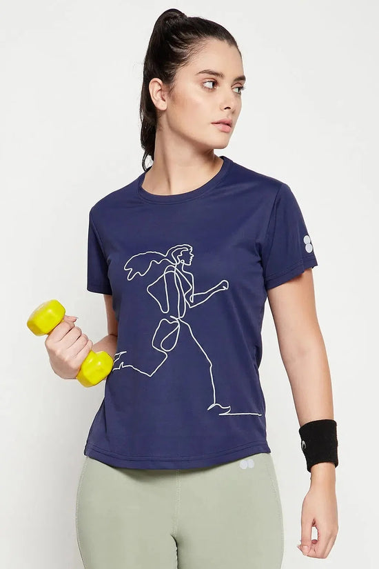 Clovia Comfort Fit Line Art Print Active T-shirt in Navy