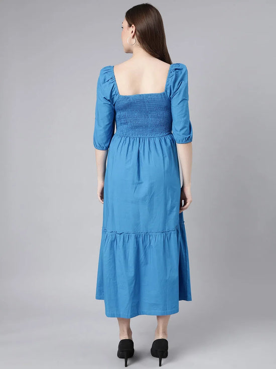 Women Blue Solid Fit and Flare Dress-ON-747-Blue