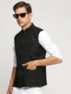 Men Black Mandarin Collar Solid Nehru Jacket-AD-J-450-Black