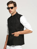 Men Black Mandarin Collar Solid Nehru Jacket-AD-J-450-Black