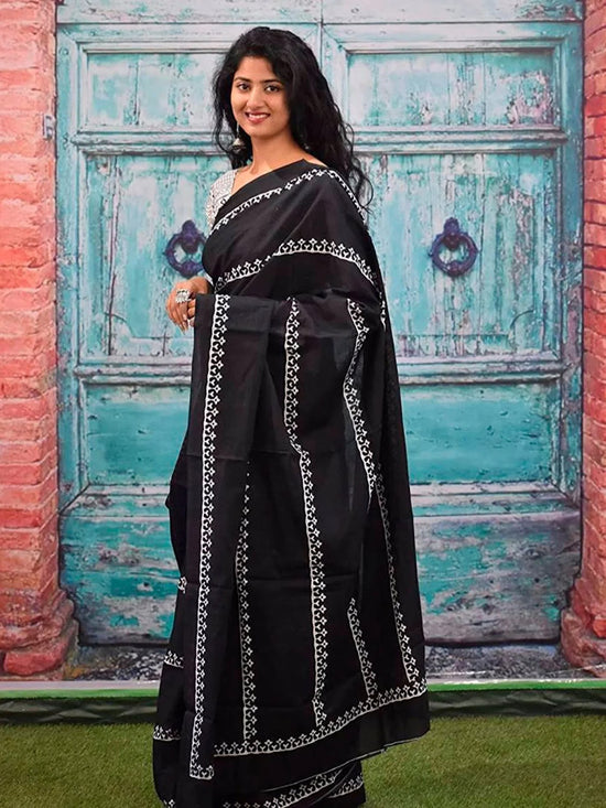 Saree Mall Women's Cotton Black Printed Designer Saree With Blouse Piece-MINAXI1702