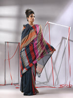 Dark Grey Cotton Saree With Multicolor Stripes-MA55CT06560021