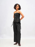 Women Black Twill Front Zip Corset Top With Cargo Pants