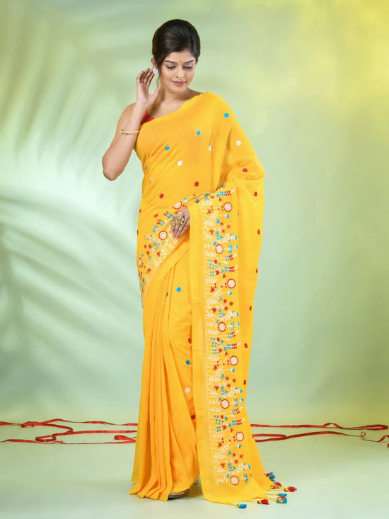 All Over Thread Floral Embroidery Yellow Cotton Saree-MA62CT33610082