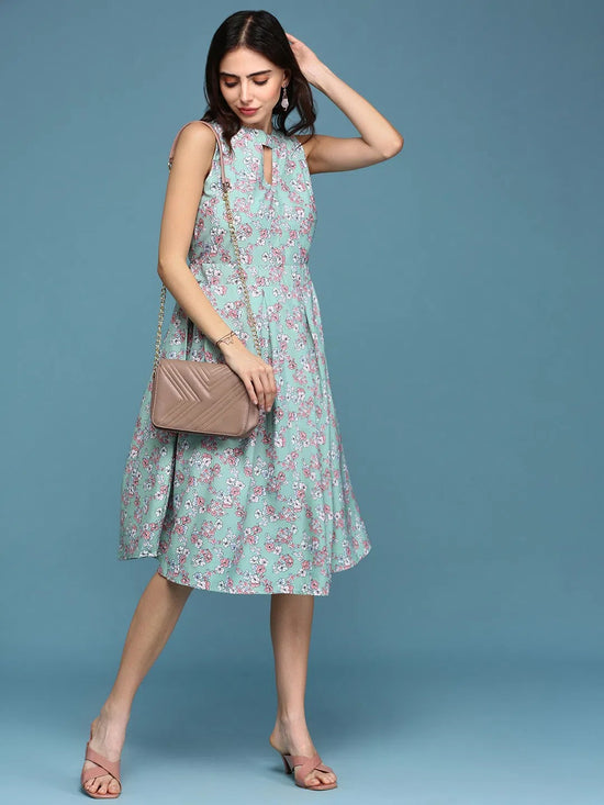 Women's Sea Green Floral A-Line Dress-AE-15709-Seagreen