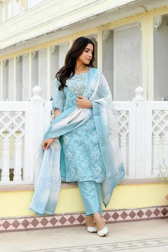 Vaasva Women Blue Tissue Linen Embroidered Solid Kurta Set With Solid Pants & Printed Dupatta-143-Vaas-Blue