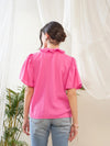 Women Pink Short Sleeves Ruffle Top