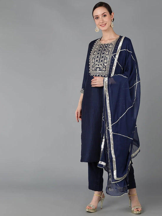 Ahika Women Navy Blue Polyester Yoke Design Kurta Trousers With Dupatta-PKSKD1284A_L