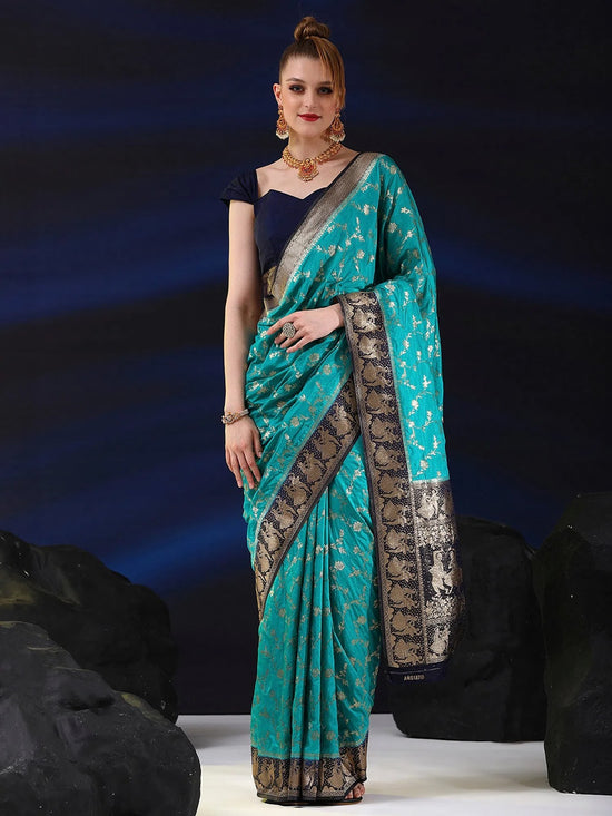 Saree Mall Women's  Blend Blue Woven Design Designer Saree With Blouse Piece-SGITRIUS03A