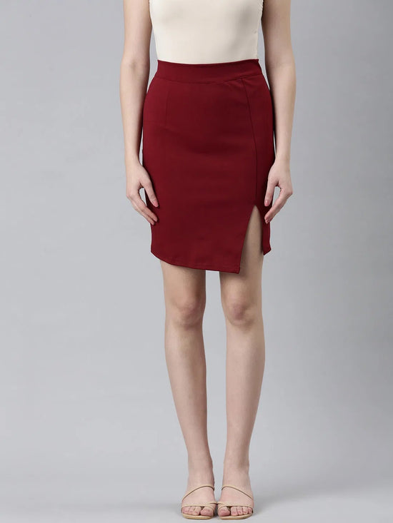 Women Maroon Solid Pencil Skirt-AE-10611-Maroon