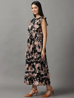 Women's Black Floral Fit and Flare Dress-AE-15731-Black