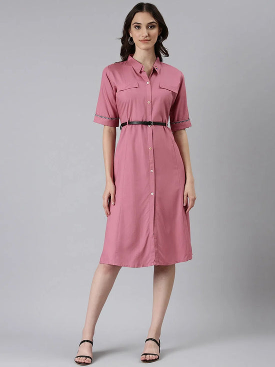 Women Pink Solid Shirt Dress-DF-1603-Pink