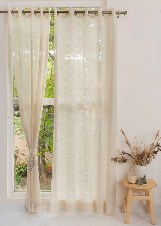 Trailing Berries 100% Cotton Sheer minimal curtain for Living room - Light filtering - Cream - Pack of 1-230423096