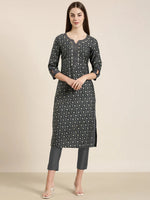 Women Grey Floral Straight Kurta-AT-A939-K-Grey