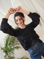 Women Black Full Sleeves Ruffle Top