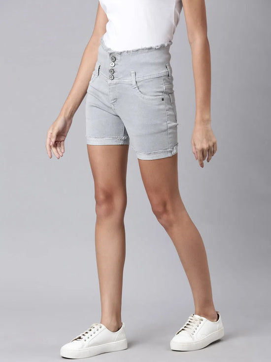 Women Grey Solid Denim Shorts-LT-S-102241-Grey