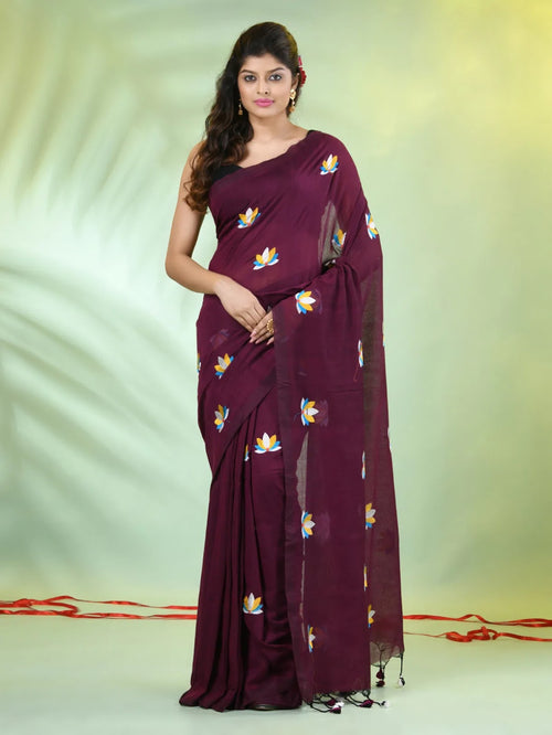 All Over Thread Embroidery Purple Cotton Handspun Saree-MA62CH33660046