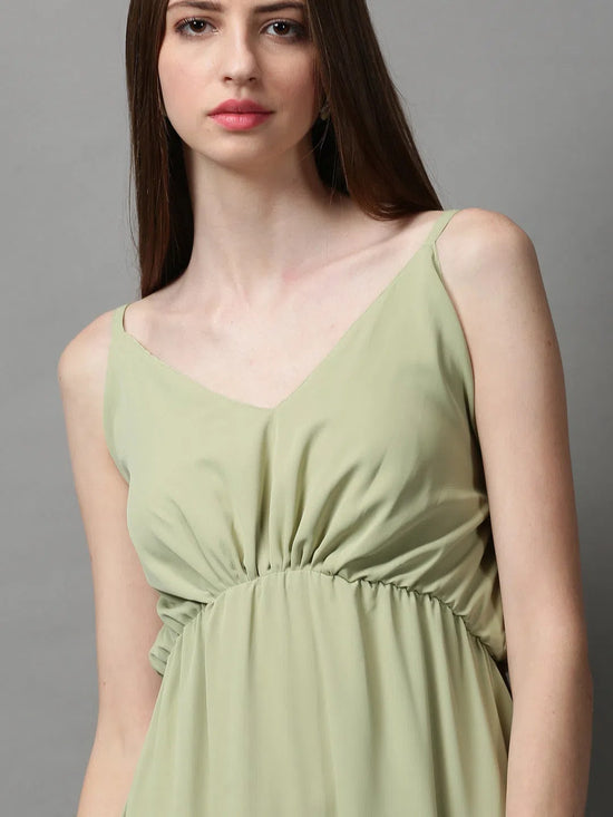 Women's Green Solid Fit and Flare Dress-AE-15666-Green