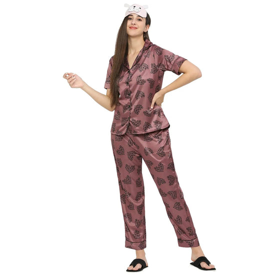 Smarty Pants Women's Silk Satin Chocolate Color Paw Print Night Suit