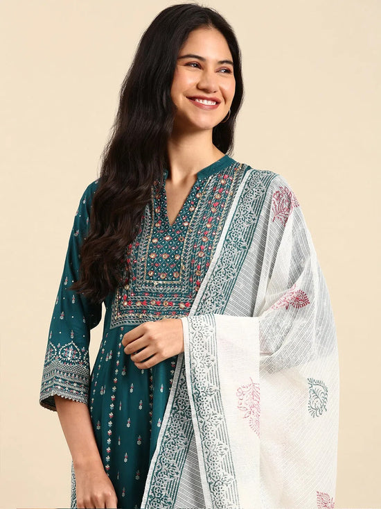 Women's Teal Printed Kurta Set-BCSK-1556-Teal