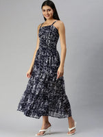 Women Navy Blue Printed Dress-AE-9907-Navybluewhite