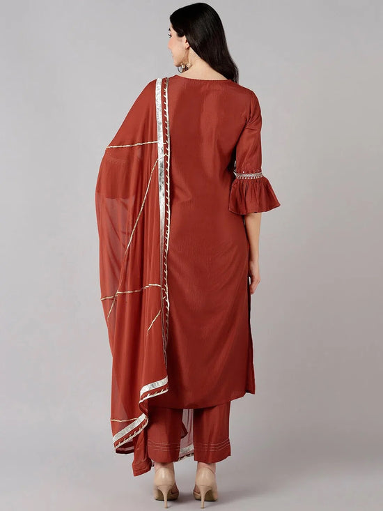 Ahika Women Rust Polyester Yoke Design Kurta Trousers With Dupatta 1