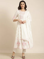 Women Anarkali Off White Floral Kurta and Trousers Set Comes With Dupatta-RJF-2150-Offwhite