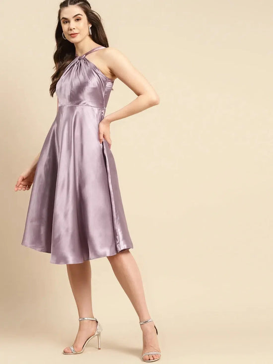 Draped neck flare midi dress in Mauve