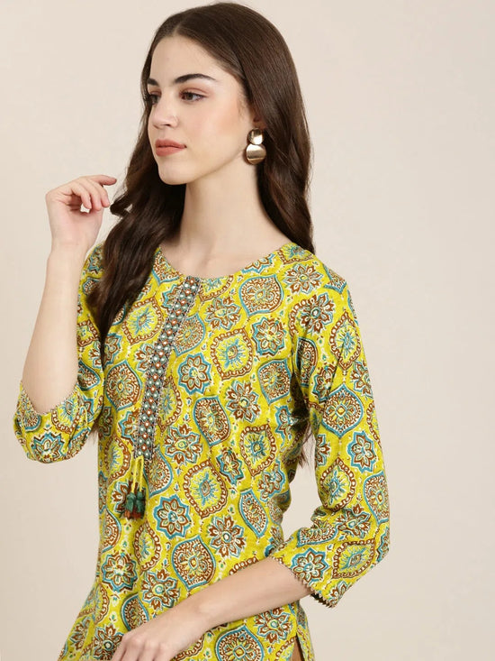 Women Yellow Printed Straight Kurta-AT-A828-K-Yellow