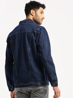 Men Navy Blue Spread Collar Solid Denim Jacket-IB-DJ-07-3-Navyblue