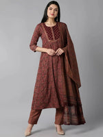 Ahika Women Maroon Rayon Blend Printed Anarkali Kurta Pant Set-VKSKD1300_XS