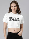 Round Neck Regular Sleeves Typography Cinched Waist White Crop Top-AE-10631-White