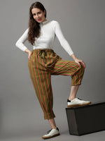 Women's Olive Striped Trouser-AE-10406-Olive