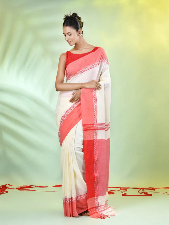 Off White Cotton Saree With Temple Borders-MA66CT43640011