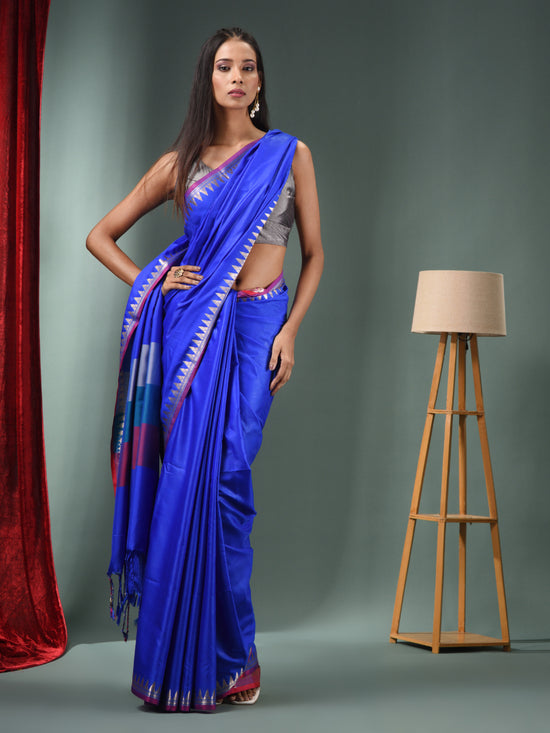 Blue Blended Silk Handwoven Saree With Temple Zari Border-MA50BSL01660146